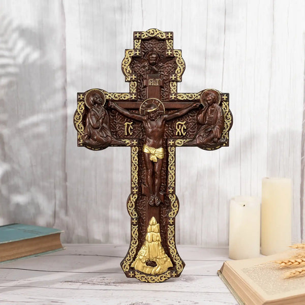 Cruz Ortodoxa Decoração Escultura em Madeira Ouro Aura Divina 1