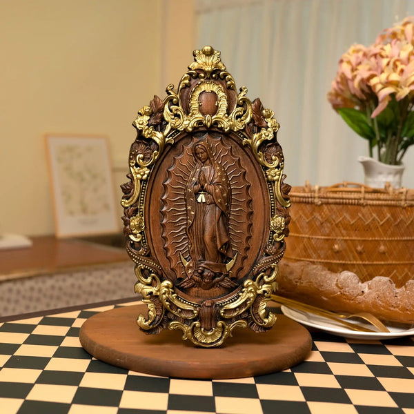 Virgem Maria Escultura em Madeira Ouro Aura Divina 1